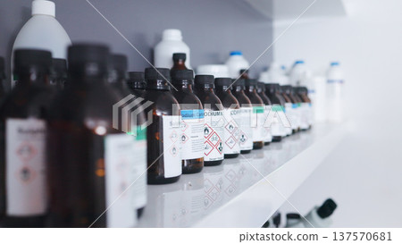 Research, pharmaceutical chemical and bottle on shelf in laboratory with medical warning label, science and cure. Healthcare, medicine and innovation in manufacturing of poison antidote and vaccine Research, pharmaceutical chemical and bottle on shelf in laboratory with medical warning label, science and cure. Healthcare, medicine and innovation in manufacturing of poison antidote and vaccine 137570681