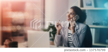 Business, thinking and woman with phone call, communication and networking with b2b, client or planning crm. Corporate, employee or entrepreneur talking on smartphone in office mockup or bokeh 137570799