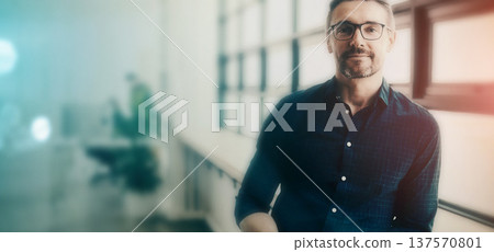 Portrait, mockup and professional man, designer or expert with job experience, career or startup agency work. Advertising company light, pride and creative person confident in design business 137570801