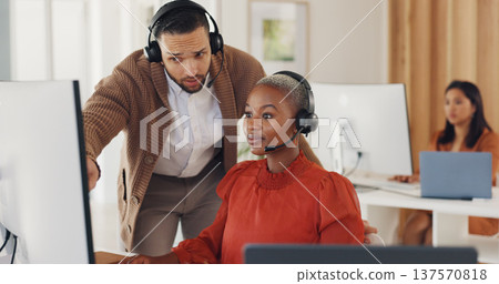 Call center, manager training black woman at computer and internship for customer service agent in office. Coaching, learning and team, man with telemarketing consultant at desk and help with sales. Call center, manager training black woman at computer and internship for customer service agent in office. Coaching, learning and team, man with telemarketing consultant at desk and help with sales. 137570818