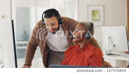 Customer service, happy man training black woman at computer and call center agent internship in office. Coaching, learning and team, manager with telemarketing consultant at desk and help with sales Customer service, happy man training black woman at computer and call center agent internship in office. Coaching, learning and team, manager with telemarketing consultant at desk and help with sales 137570844