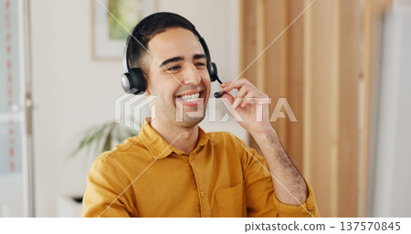 Call center, man and consulting at computer with smile for CRM questions, FAQ contact and IT support. Happy telemarketing agent, salesman and communication of telecom advisory, solution and help desk 137570845