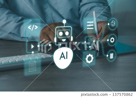 AI workflow automation and chatbot integration concept showing interacting with tablet displaying connected process ai Transfer of data between application AI workflow automation and chatbot integration concept showing interacting with tablet displaying connected process ai Transfer of data between application 137570862