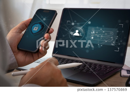 cyber security protection smartphone and laptop for cybersecurity authentication with secure network access and identity verification cyber system. cyber security protection smartphone and laptop for cybersecurity authentication with secure network access and identity verification cyber system. 137570869