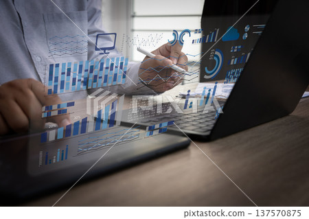 Business analytics dashboard on laptop with stylus, data analysis charts for performance report and KPI monitoring Business analytics dashboard on laptop with stylus, data analysis charts for performance report and KPI monitoring 137570875