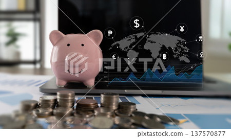 Investment Growth and Savings Concept with Global Financial Market Chart showing global trading charts and currency icons, symbolizing wealth building, analytics, and investment strategy 137570877