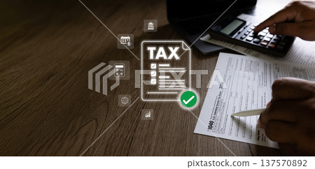 Digital tax filing and compliance approval Tax deduction planning calculation, accounting verification checklist and submission workflow prepare tax 137570892