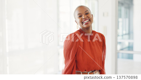 Smile, confident and business black woman in a company happy for startup development or growth at work. Designer, laughing and portrait of young employee or African entrepreneur proud in office 137570898