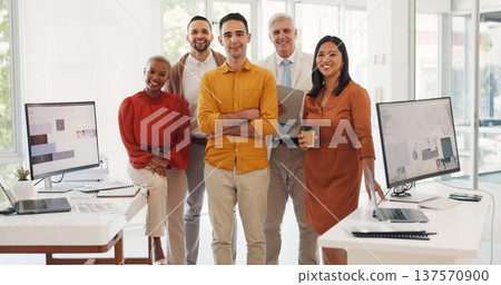 Diversity, portrait and happy business people in office with pride, collaboration and marketing team at work. Group, teamwork and employees together at professional company with confidence and smile Diversity, portrait and happy business people in office with pride, collaboration and marketing team at work. Group, teamwork and employees together at professional company with confidence and smile 137570900