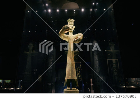 Sanxingdui Bronze Standing Figure, Ancient Shu Kingdom Priest Statue, Sichuan China Sanxingdui Bronze Standing Figure, Ancient Shu Kingdom Priest Statue, Sichuan China 137570905