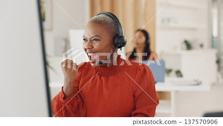 Winner, success and motivation with a black woman in a call center for customer service or support. Wow, target and celebration with a young employee consulting in a crm or telemarketing office Winner, success and motivation with a black woman in a call center for customer service or support. Wow, target and celebration with a young employee consulting in a crm or telemarketing office 137570906