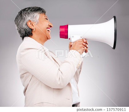Business woman, megaphone and voice for announcement, broadcast or news in human resources on a white background. Happy manager or leader profile of call to action, HR attention or speaking in studio Business woman, megaphone and voice for announcement, broadcast or news in human resources on a white background. Happy manager or leader profile of call to action, HR attention or speaking in studio 137570911