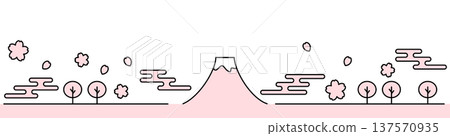 Simple line art of Mt. Fuji and cherry blossoms, pink, white background, horizontal banner Simple line art of Mt. Fuji and cherry blossoms, pink, white background, horizontal banner 137570935