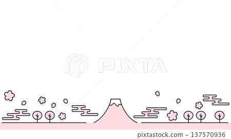 Simple line illustration of Mt. Fuji and cherry blossoms, pink, white background, 16:9 wide Simple line illustration of Mt. Fuji and cherry blossoms, pink, white background, 16:9 wide 137570936