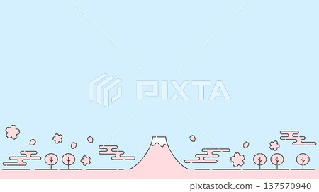 Simple thin line illustration of Mt. Fuji and cherry blossoms, pink, blue sky, 16:9 wide 137570940