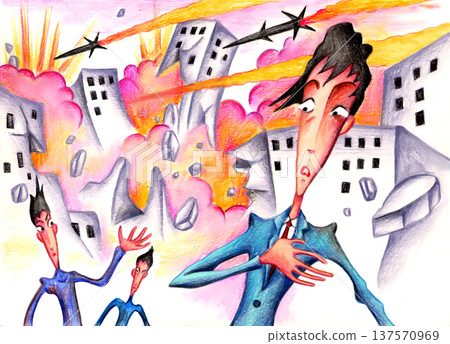Colored pencil drawing - Attack, destruction, city, missile 137570969