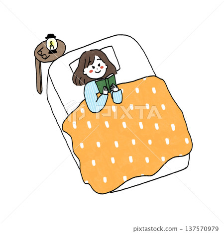 Illustration of a woman reading in bed before going to sleep 137570979