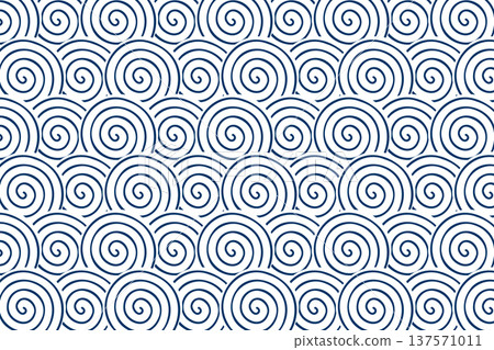 Repeated blue curls on white background. Sea or ocean waves pattern. Scalloped water texture in Japanese or Chinese oriental style. Abstract minimalist Asian ornament. Vector graphic illustration 137571011