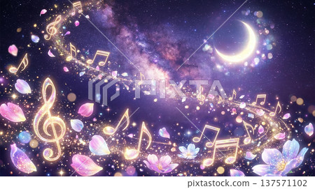Flowing musical staves and notes - Background: Night sky - AI generated material 137571102