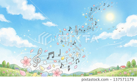 流動的五線譜和音符。背景：花田。人工智慧生成素材。 137571179