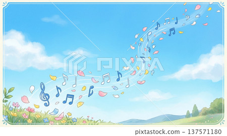 Flowing musical staves and notes. Background: Flower field. AI-generated material. 137571180