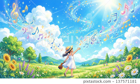 Flowing musical staves and notes. Background: Flower field. AI-generated material. 137571181