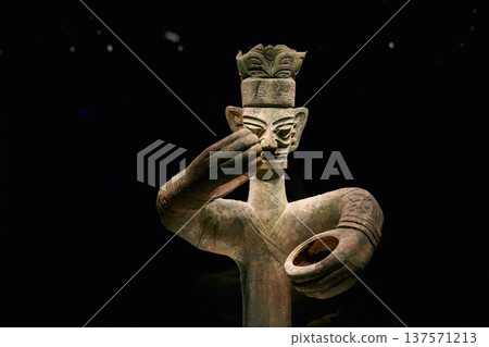 Sanxingdui Bronze Standing Figure, Ancient Shu Kingdom Priest Statue, Sichuan China 137571213