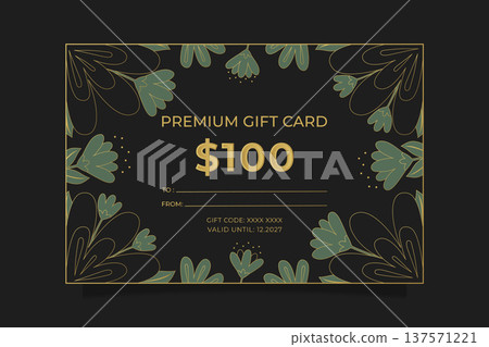 Premium gift card template with golden floral frame on dark background vector illustration. Premium gift card template with golden floral frame on dark background vector illustration. 137571221