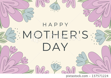 Happy Mothers Day greeting card with purple and blue floral frame vector illustration. 137571224