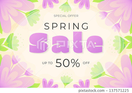 Spring sale banner with purple floral frame and special offer vector illustration. Spring sale banner with purple floral frame and special offer vector illustration. 137571225