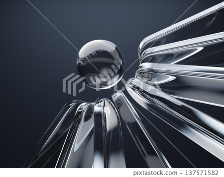 Abstract glass flower tech 3d background. Floral pattern of crystal glossy sphere ball and transparent rounded lines on black bg. Futuristic technology design, render modern wallpaper. 3D illustration 137571582