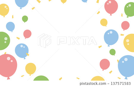 五彩繽紛的氣球和彩帶在空中飛舞，歡樂的派對慶祝背景邊框向量素材 137571583