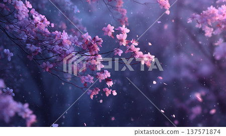 Cherry blossom petals dancing in the night mist 137571874