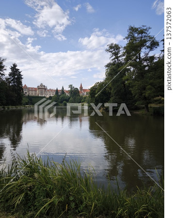 Scenic view of Pruhonice Castle in a sunny summer day with beautiful reflection in the pond, Scenic view of Pruhonice Castle in a sunny summer day with beautiful reflection in the pond, 137572063