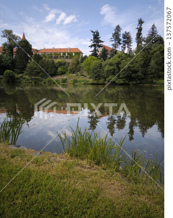 Scenic view of Pruhonice Castle in a sunny summer day with beautiful reflection in the pond, 137572067