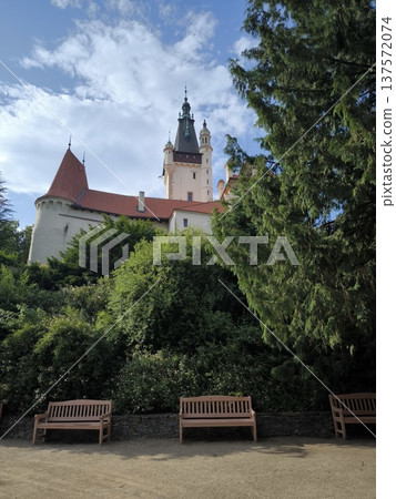 Scenic view of Pruhonice Castle in a sunny summer day with beautiful reflection in the pond, 137572074
