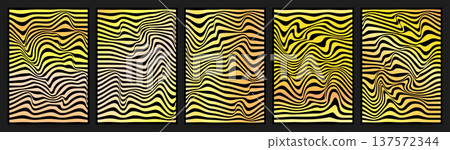 Psychedelic wavy striped poster set with tiger black and yellow pattern. Abstract optical illusion vector collection 137572344