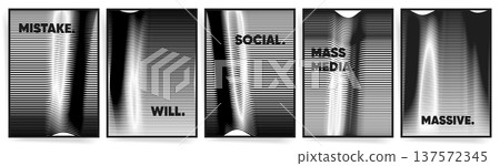 Black and white typographic op art poster set. Abstract striped vector backgrounds with distortion 137572345