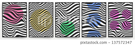 Abstract black and white striped poster set with colorful organic shapes. Modern vector collection Abstract black and white striped poster set with colorful organic shapes. Modern vector collection 137572347