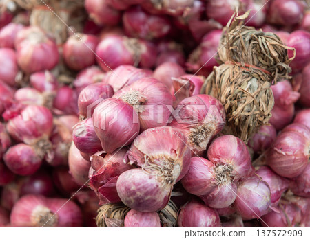 Close up of fresh organic shallots in local market 137572909