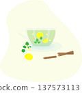 Transparent cup with saucer green tea with lemon, linden and cinnamon. 137573113
