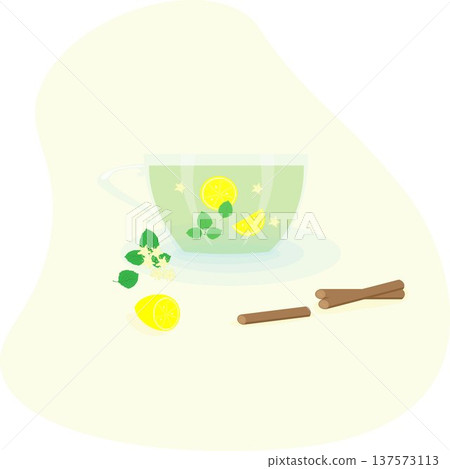 Transparent cup with saucer green tea with lemon, linden and cinnamon. Transparent cup with saucer green tea with lemon, linden and cinnamon. 137573113