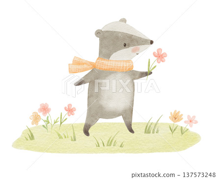 Watercolor cute funny budger with flower on grass. Nature clipart featuring woodland animal for cards and nursery posters. Watercolor cute funny budger with flower on grass. Nature clipart featuring woodland animal for cards and nursery posters. 137573248