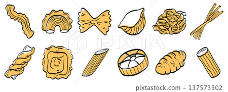 Pasta vector drawn minimal icon sketch illustration for Italian food with a fusilli doodle and penne design. Farfalle and ravioli shapes through an artisan line set, plus spaghetti Pasta vector drawn minimal icon sketch illustration for Italian food with a fusilli doodle and penne design. Farfalle and ravioli shapes through an artisan line set, plus spaghetti 137573502