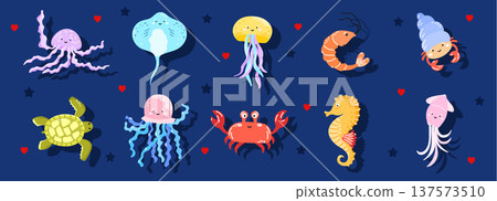 Fish stingray octopus for kawaii cute jellyfish and shrimp crab seahorse. Squid turtle crustacean for children underwater aquarium and reef sea clipart. Fish animal fauna for kawaii ocean Fish stingray octopus for kawaii cute jellyfish and shrimp crab seahorse. Squid turtle crustacean for children underwater aquarium and reef sea clipart. Fish animal fauna for kawaii ocean 137573510