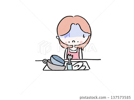 A housewife in despair and stunned in front of a mountain of dishes 137573585