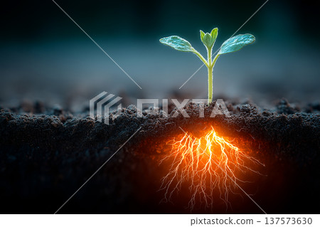 無形的根系支撐著未來。嫩芽象徵成長和根基。 137573630