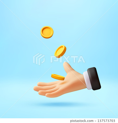 3d cartoon hand catching falling gold coins. 3d cartoon hand catching falling gold coins. 137573703