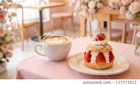 粉紅色咖啡桌上擺放著草莓蛋糕和拿鐵咖啡，桌上還裝飾著鮮花。 137573811