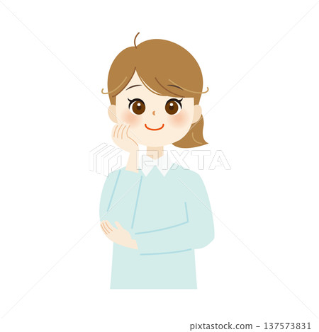 一位微笑的女子手托下巴的插圖 - 放鬆/思考 05 137573831